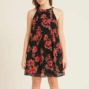 Betsey Johnson Black Floral Georgette High Neck Sleeveless Swing Dress Size 8